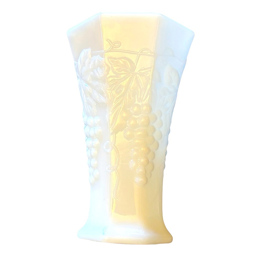 Vintage Milk Glass Vase Hexagon Bouquet Vase Embossed Grape & Vine Pattern